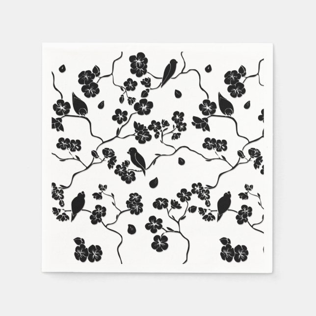 Schwarz-Weiß-Muster Vögel auf Kirschblüten Serviette (Vorderseite)