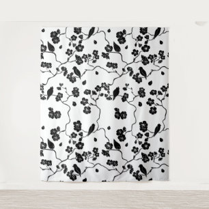 Schwarz-Weiß-Muster Vögel auf Kirschblüten Wandteppich