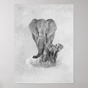 Schwarz-Weiß-Mutter und Baby-Elefant Poster