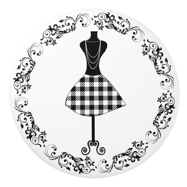 Schwarz-Weiß Nähzimmer Bodice Dress Form Cerealien Keramikknauf (Vorderseite)