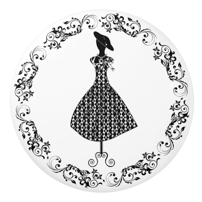 Schwarz-Weiß Nähzimmer Bodice Dress Form Cerealien Keramikknauf (Vorderseite)