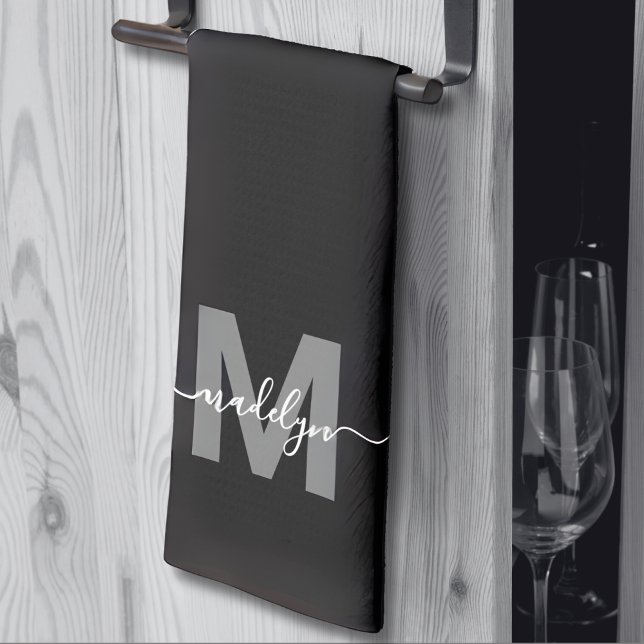Schwarz Weiß Name Monogramm Geschirrtuch (Black White Name Monogram kitchen towel)