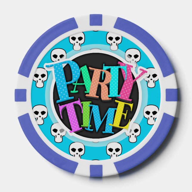 Schwarz, Weiß, Neon Blue Skulls Muster Pokerchips (Vorderseite)