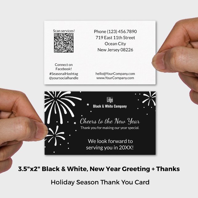 Schwarz & Weiß Neujahr Gruß & Dankeschön Visitenkarte (Black & White New Year Greeting & Thank You Business Card; Size: 3.5x2 Inch (US))