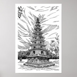 Schwarz-Weiß-Pagoden-Turm-Linienkunst-Skizze - Bog Poster