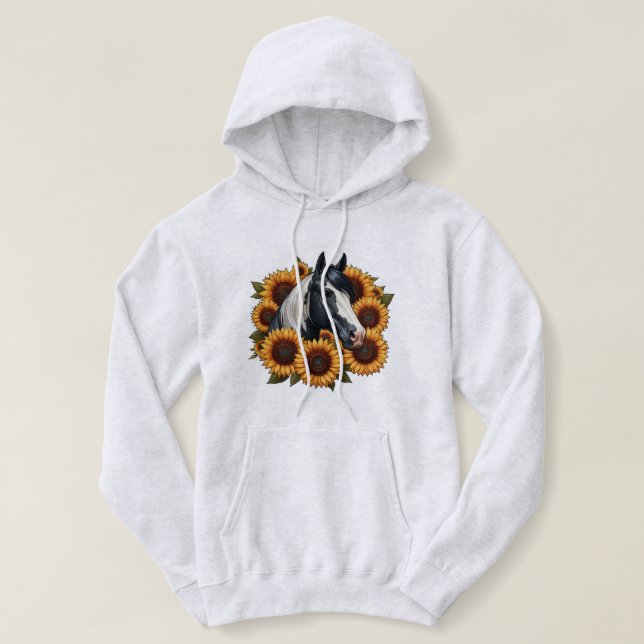 Schwarz-Weiß-Paint-Pferd mit Sonnenblumen Hoodie (Design vorne)