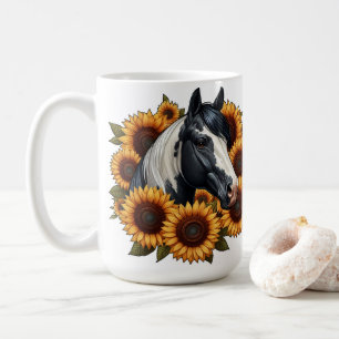 Schwarz-Weiß-Paint-Pferd mit Sonnenblumen Kaffeetasse