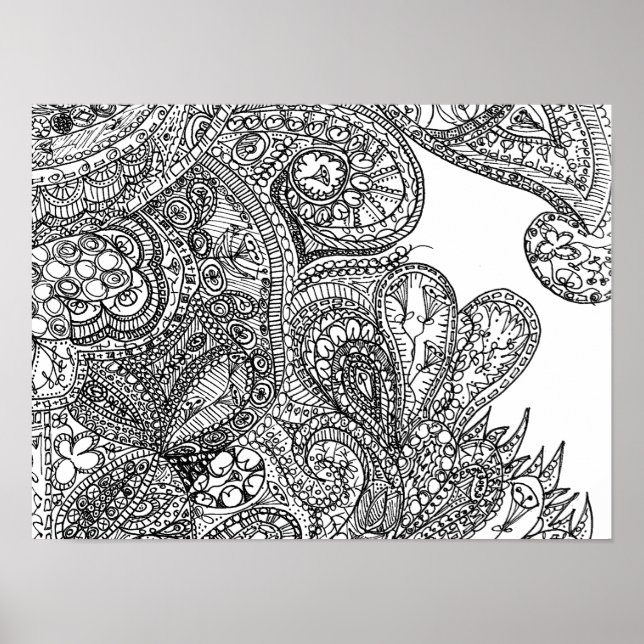 Schwarz-Weiß-Paisley-Inspiriert Doodle Art Poster (Vorne)