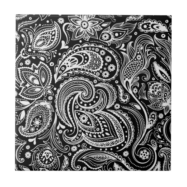 Schwarz-Weiß-Paisley-Muster Fliese (Vorderseite)