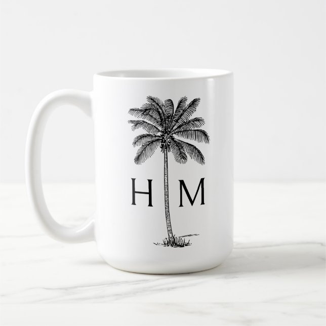 Schwarz-Weiß-Palm-Palmetto-Baum-Monogramm Kaffeetasse (Links)
