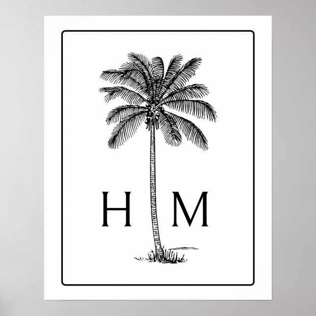 Schwarz-Weiß-Palm-Palmetto-Baum-Monogramm Poster (Vorne)