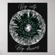 Schwarz-Weiß-Panorama-Stadt unter dem Mond