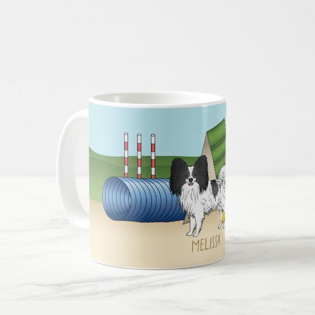 Schwarz-Weiß-Papillen mit Agility Kaffeetasse (Vorderseite Links)