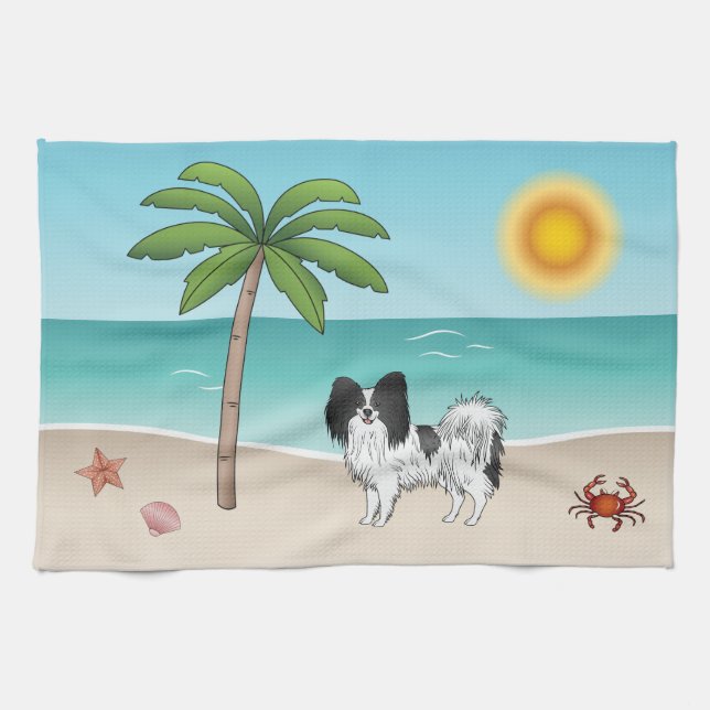 Schwarz-weiß Papillon Dog Tropical Summer Beach Geschirrtuch (Horizontal)