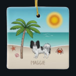 Schwarz-weiß Papillon Dog Tropical Summer Beach Keramikornament<br><div class="desc">Desteis originelle Cartoon-Illustration einer Schwarz-Weiß-Farbe Papillon Rasse Hund stehend in einer tropischen Sommer Strand-Szene. Der beige Sand ist mit einer Palme, einer rosa Muschel, einem Seestern und einer roten Krabbe verziert. Das Wasser ist türkisblau mit einigen Wellen und die Sonne scheint über dem Horizont. Es gibt auch einen personalisierbaren Textbereich...</div>