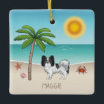 Schwarz-weiß Papillon Dog Tropical Summer Beach Keramikornament<br><div class="desc">Desteis originelle Cartoon-Illustration einer Schwarz-Weiß-Farbe Papillon Rasse Hund stehend in einer tropischen Sommer Strand-Szene. Der beige Sand ist mit einer Palme, einer rosa Muschel, einem Seestern und einer roten Krabbe verziert. Das Wasser ist türkisblau mit einigen Wellen und die Sonne scheint über dem Horizont. Es gibt auch einen personalisierbaren Textbereich...</div>