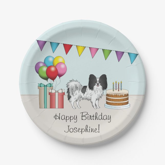 Schwarz-Weiß Papillon Hund farbenfroh Geburtstag Pappteller (Vorderseite)