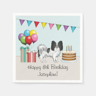 Schwarz-Weiß Papillon Hund farbenfroh Geburtstag Serviette
