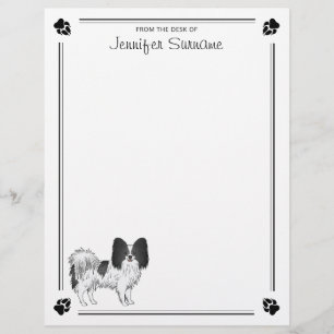 Schwarz-Weiß-Papillon-Hund mit Pfoten und Text Briefbogen