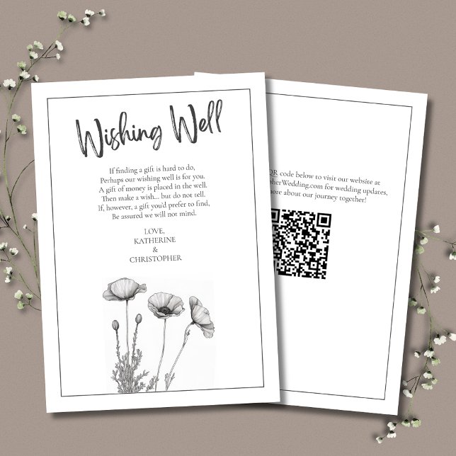 Schwarz-Weiß-Paprika Elegantes Hochzeitssorgen gut Begleitkarte (Elegant Wedding Wishing Well Enclosure Card with White Poppies & QR Code for wedding website.)