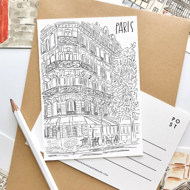 Schwarz-Weiß-Pariser Ecke Postkarte (Black and white sketch Paris travel postcard.)