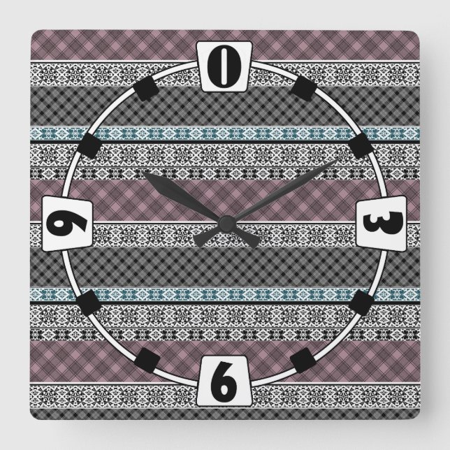 Schwarz-Weiß-Patchwork-Spitze Quadratische Wanduhr (Vorderseite)