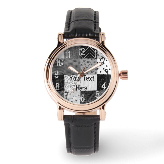 Schwarz-Weiß-Patchwork-Stoff Vintag Armbanduhr (Vorderseite)