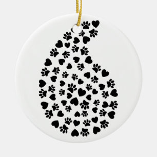 Schwarz-Weiß-Paws und Herz-Paisley-Muster Keramik Ornament