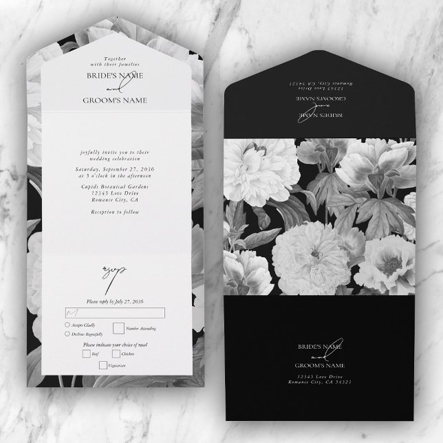 Schwarz-Weiß-Peonies-Hochzeit All In One Einladung (Black & White Peonies Watercolor Floral Wedding All In One Invitation)