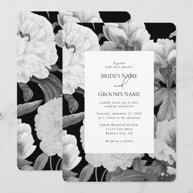 Schwarz-Weiß-Peonies-Hochzeit Einladung (Vorne/Hinten)