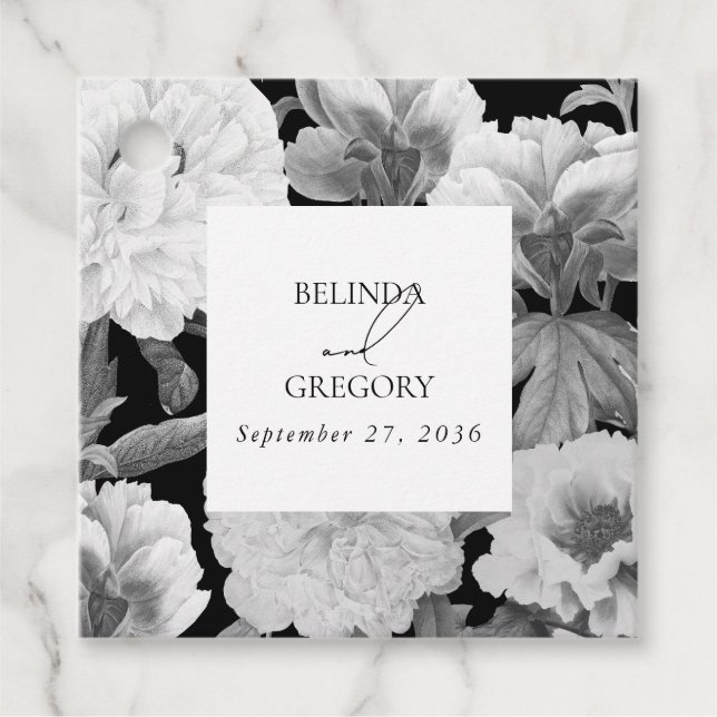 Schwarz-Weiß-Peonies-Hochzeit Geschenkanhänger (Vorderseite)