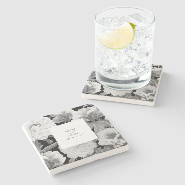 Schwarz-Weiß-Peonies-Hochzeit Steinuntersetzer (Seitenansicht)