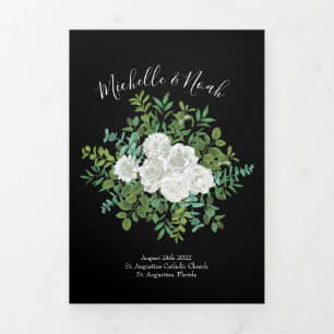 Schwarz-Weiß-Peony- und Rose-Hochzeitsprogramme Dreifach-gefaltete Programmkarte