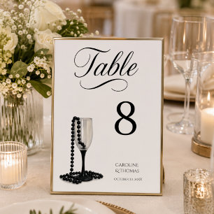 Schwarz-Weiß-Perlen-Champagnerglas-Hochzeit Tischnummer