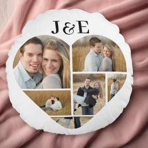 Schwarz-Weiß-Personalisiertes Herzklopffoto Collag Rundes Kissen