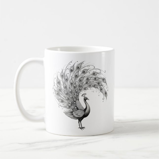 Schwarz-weiß-Pfau Kaffeetasse (Links)