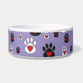 Schwarz-Weiß-Pfoten mit Herz auf blau Napf