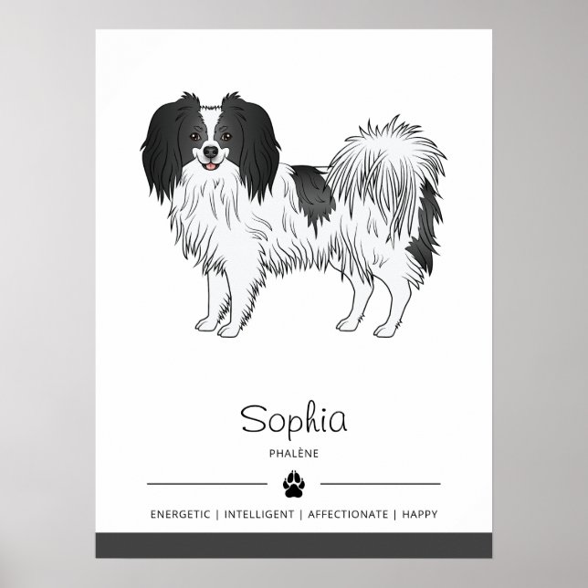 Schwarz-Weiß-Phalène-Hund mit eigenem Namen Poster (Vorne)