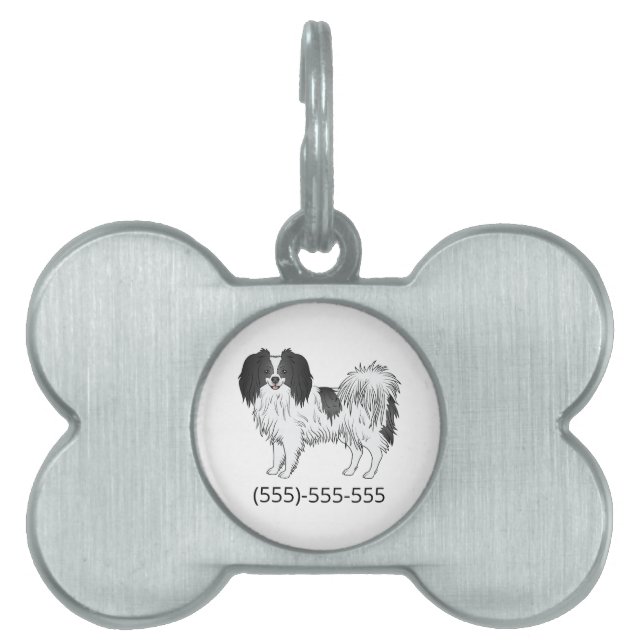 Schwarz-Weiß-Phalène mit individueller Telefonnumm Tiermarke (Vorderseite)