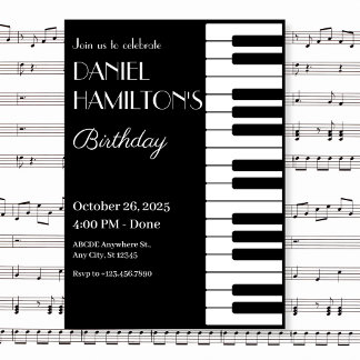 Schwarz-Weiß-Piano-Tube Geburtstag Einladung