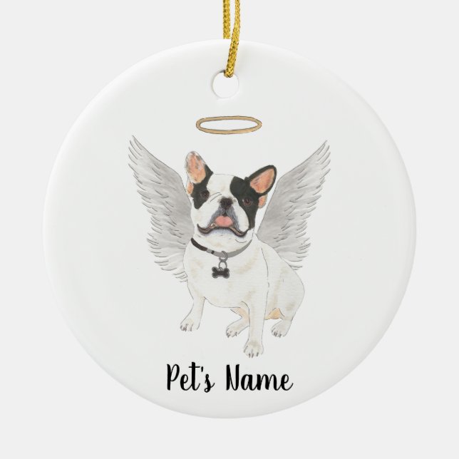 Schwarz-weiß Pied Frenchie Beileid Memorial Keramik Ornament (Vorne)