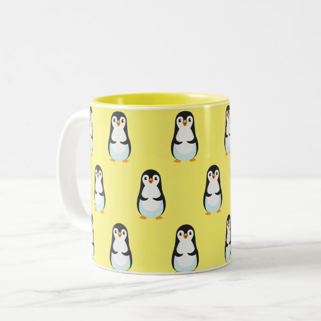 Schwarz-Weiß-Pinguin-Muster auf hellgelb Zweifarbige Tasse (Vorderseite Links)