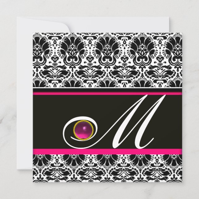 SCHWARZ-WEISS PINK FUCHSIA DAMASK MONOGRAM Amethys Einladung (Vorderseite)