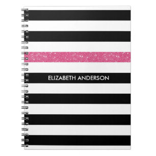 Schwarz Weiß Pink Glitter Streifen Name Notizblock