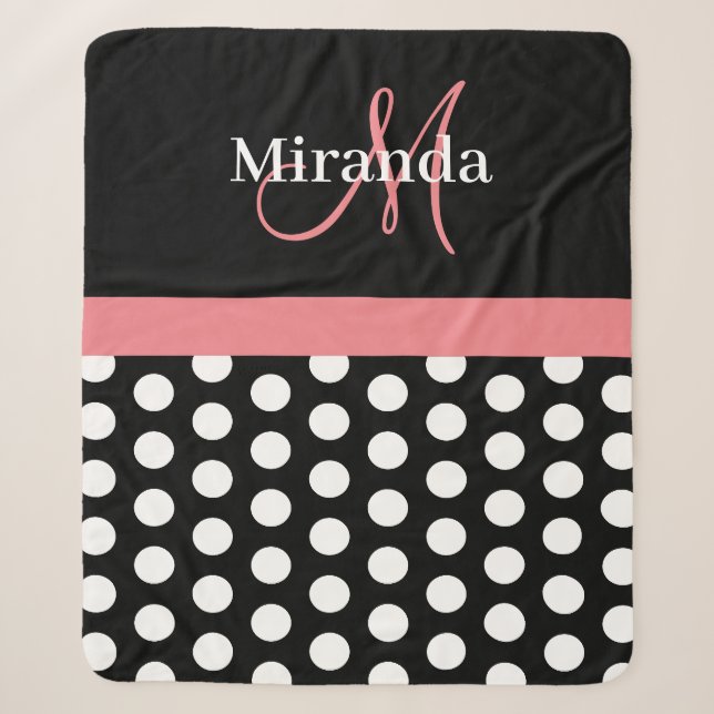 Schwarz-weiß Pink Monogram Script Polka Dot Sherpadecke (Vorderseite)
