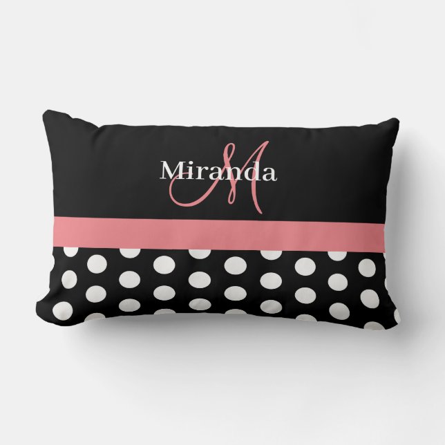 Schwarz-weiß Pink Monogram Script Polka Lendenkissen (Vorderseite)