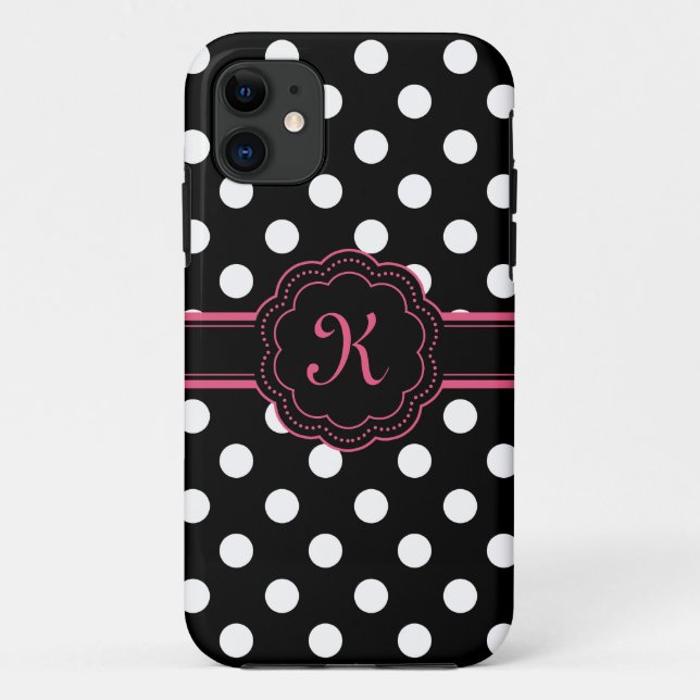 Schwarz-weiß-Pink-Polka-Dots-Monogramm Case-Mate iPhone Hülle (Rückseite)