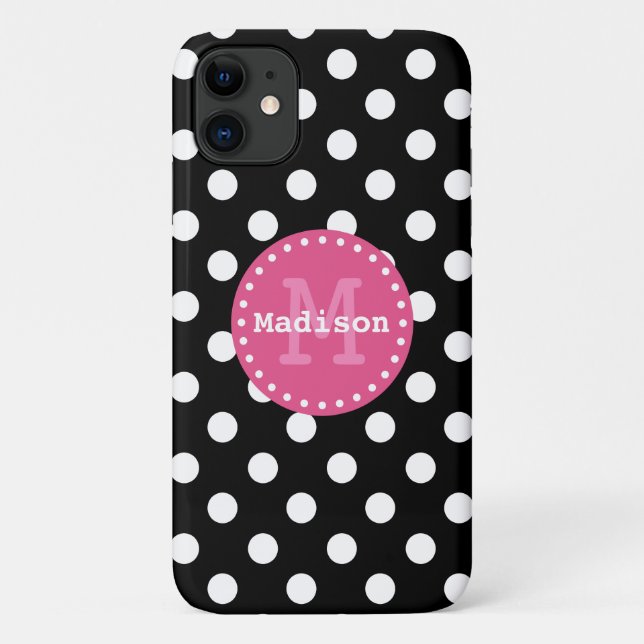 Schwarz-weiß-Pink-Polka-Dots-Monogramm Case-Mate iPhone Hülle (Rückseite)