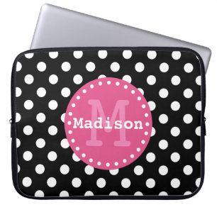 Schwarz-weiß-Pink-Polka-Dots-Monogramm Laptopschutzhülle