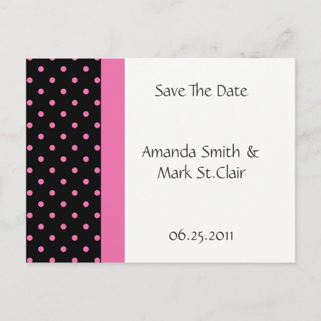 Schwarz-weiß Pink Polka Dots Save the Date Ankündigungspostkarte (Vorderseite)